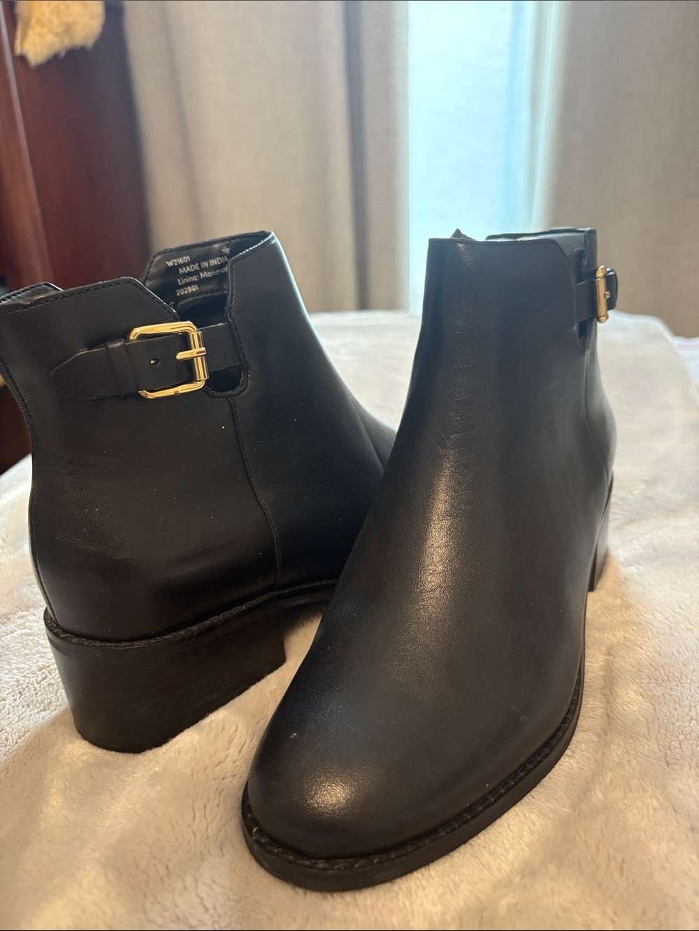 Cole Haan Black Leather Ankle Booties with Gold Buckles